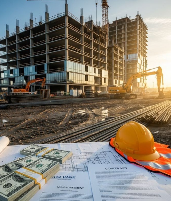 Construction planning with helmet and drawings