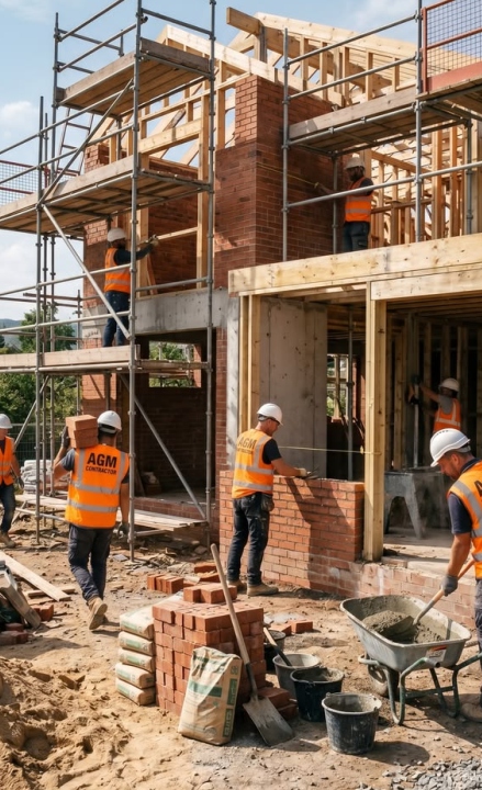 Workers on a building construction project