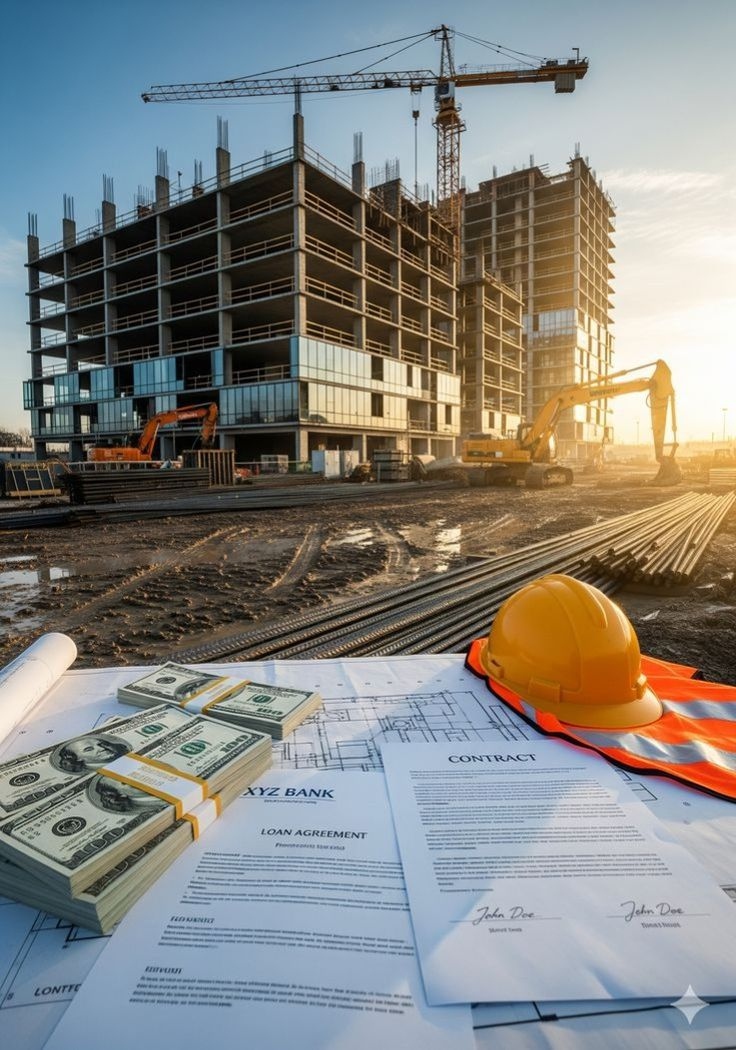 Building construction site with project documents